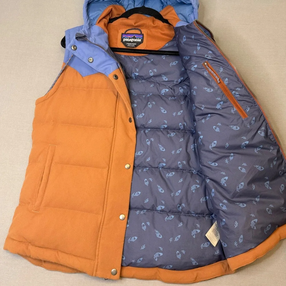 Patagonia Bivy Hooded Down Vest Women's Large Brown Blue Puffer Canvas